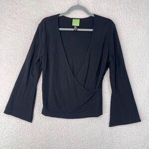 Citrine Solid Black Wrap Front Shirt Womens Long Sleeve‎ Stretch Casual Size 12